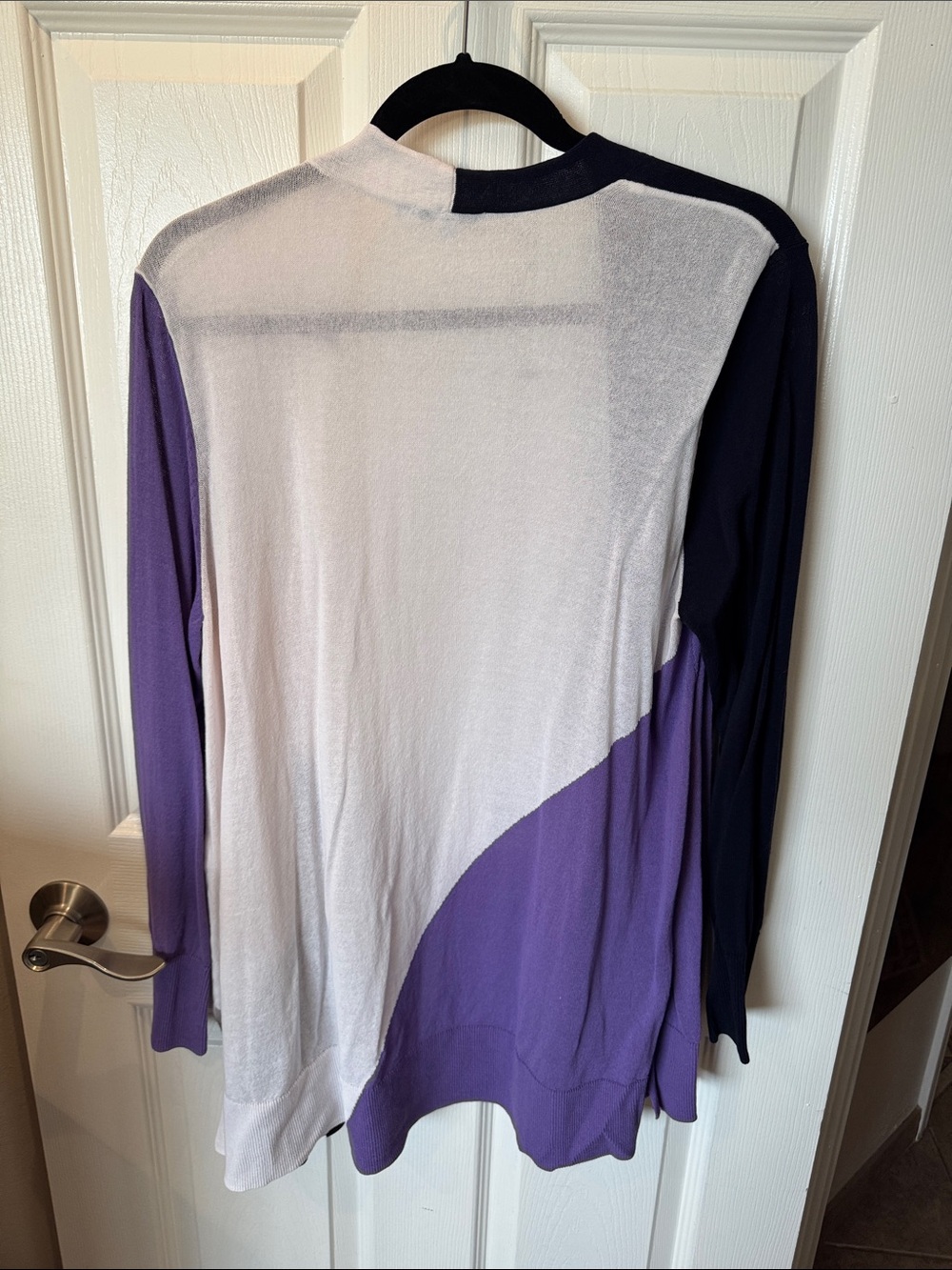 Chico's Open-Front Colorblock Cardigan in Purple, White & Navy - Picture 4 of 4